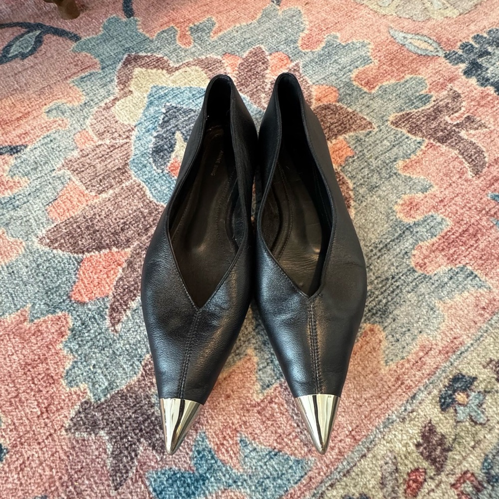 Anine Bing Nina Flats 100% Leather Black w/ Silver Metal Toe - 37 / 7